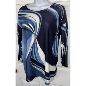 Chicos Sz 0 (SMALL) Blue Swirls Scoop Neck Stretch Tunic Knit 3/4 Sleeves EUC